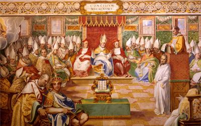 Ancient painting representing the Council of Nicaea to illustrate the article 